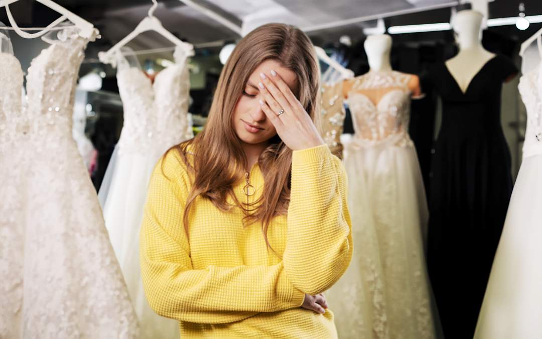 Distressed engaged woman standing in front of bridal dresses inside store.